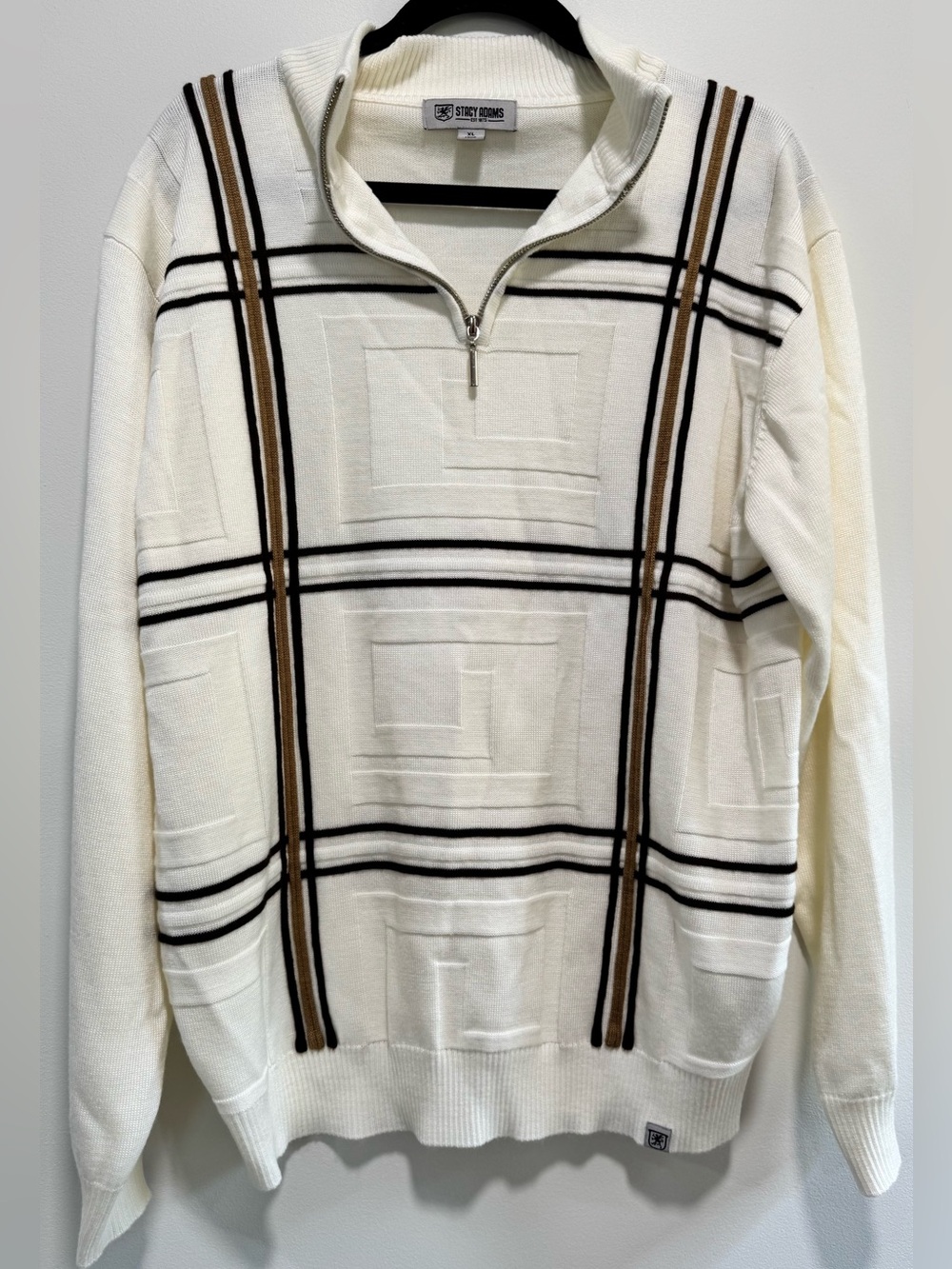 Stacy Adams Cream Half-Zip Sweater with Black & Brown Plaid